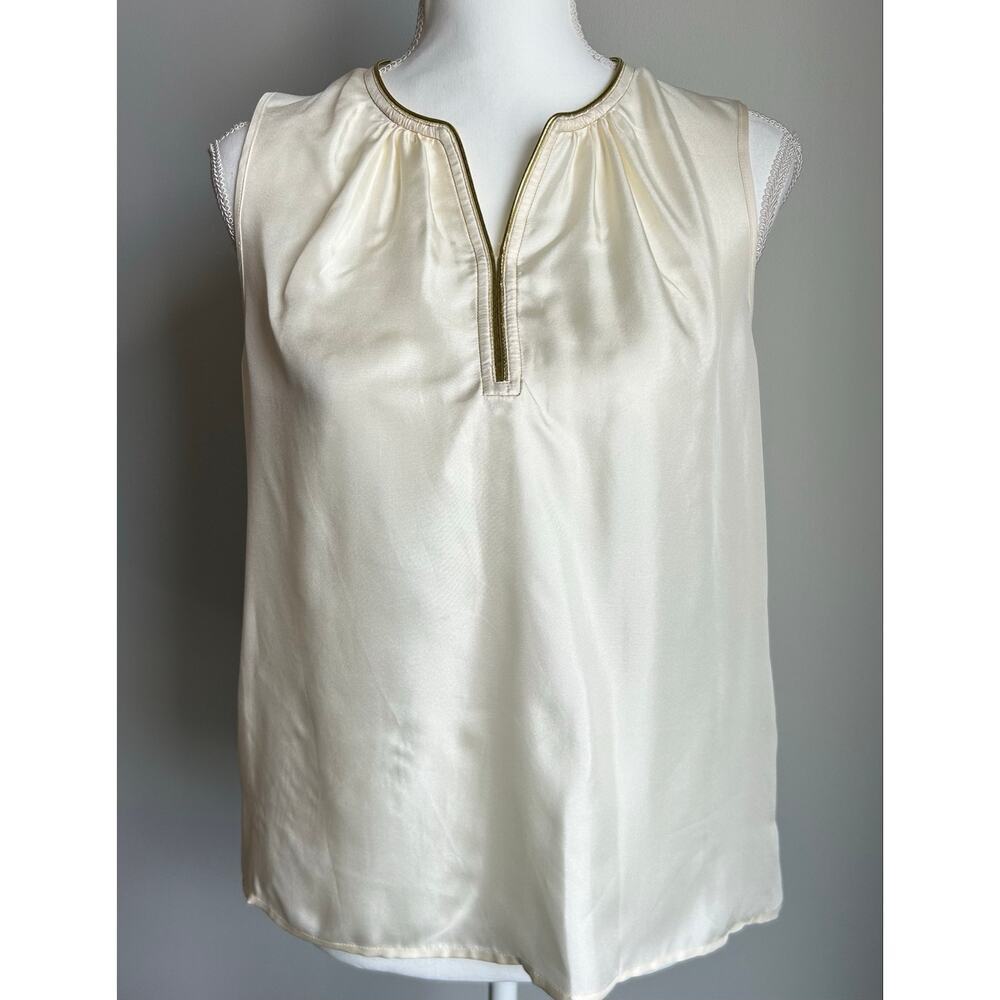 Tory Burch 100% Silk Cream and Gold Tunic Top Keyhole Blouse Quiet Luxury Size 2 - Picture 2 of 9